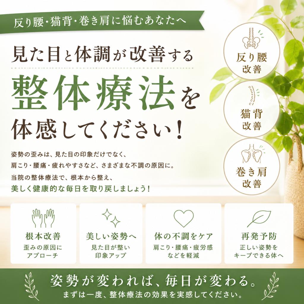 反り腰・猫背・巻き肩に悩むあなたへ。見た目と体調が改善する整体療法を体感してください！